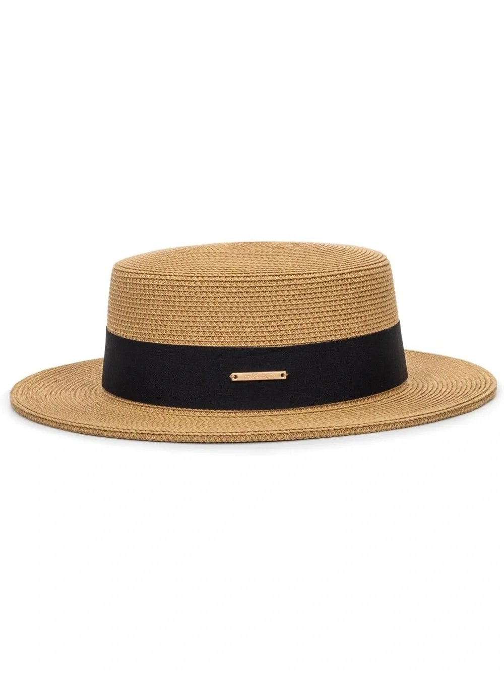 Women's Tan Straw Boater Hat with Black Band